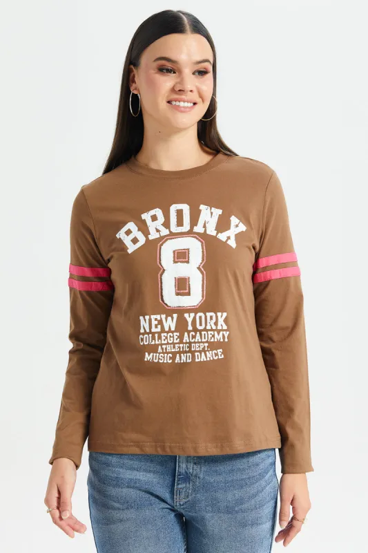 Women Brown Printed Long Sleeves T-Shirt sold by Redtag
