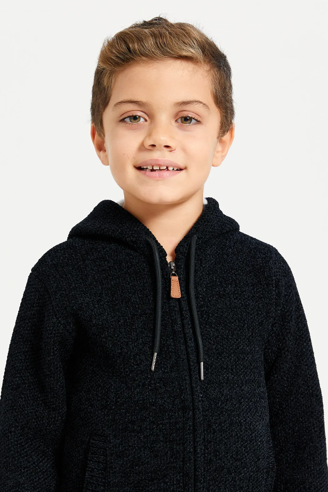 Boys Black Zip Thru Hooded Chenille Cardigan sold by Redtag product image thumbnail 4
