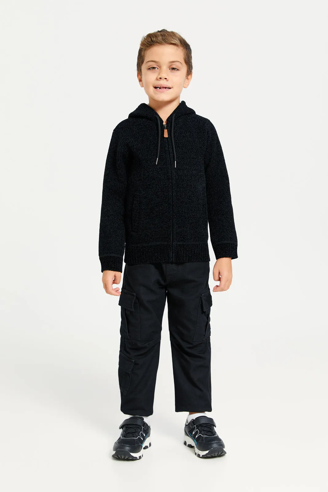 Boys Black Zip Thru Hooded Chenille Cardigan sold by Redtag product image thumbnail 2