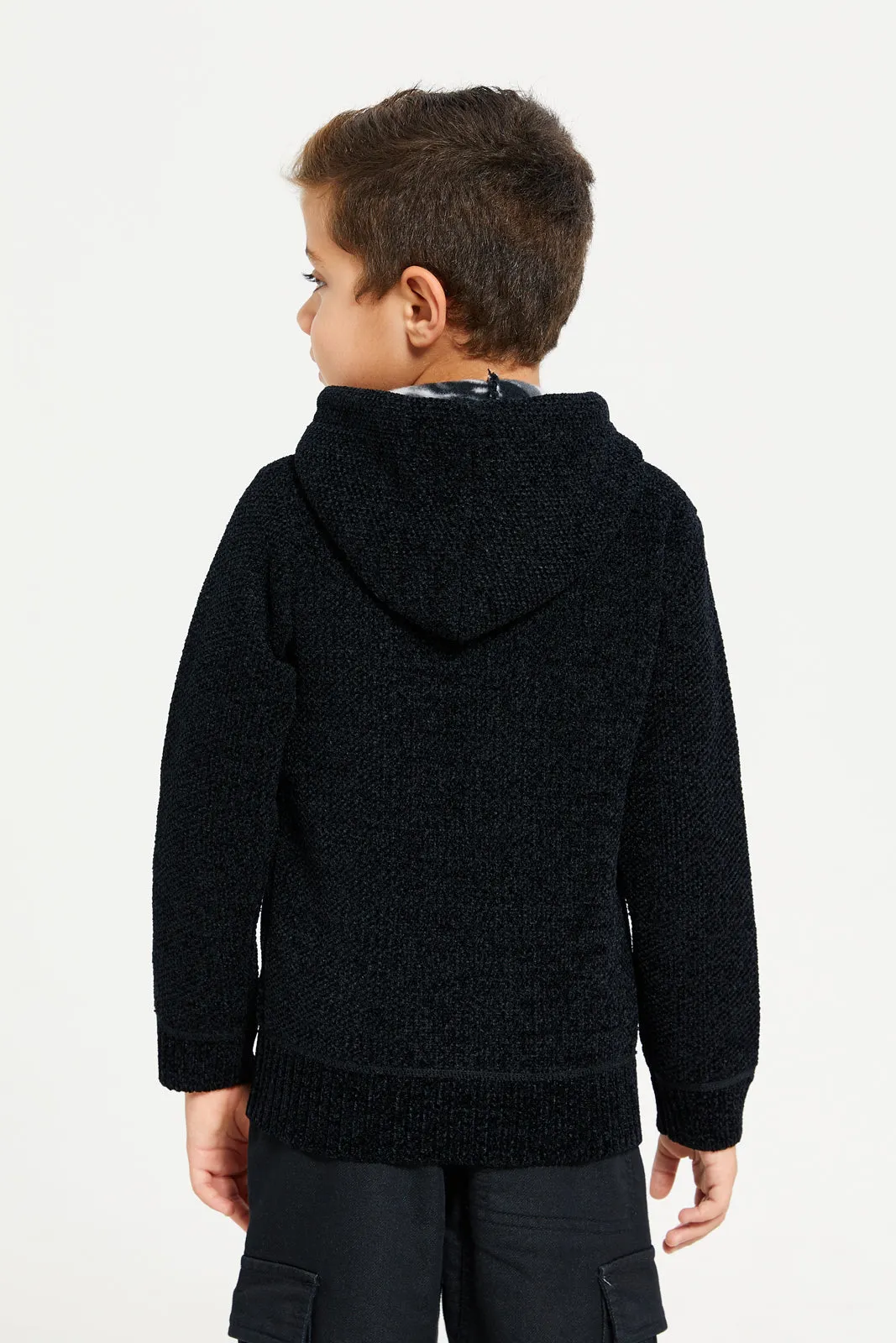 Boys Black Zip Thru Hooded Chenille Cardigan sold by Redtag product image thumbnail 3