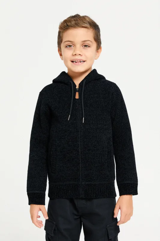 Boys Black Zip Thru Hooded Chenille Cardigan sold by Redtag