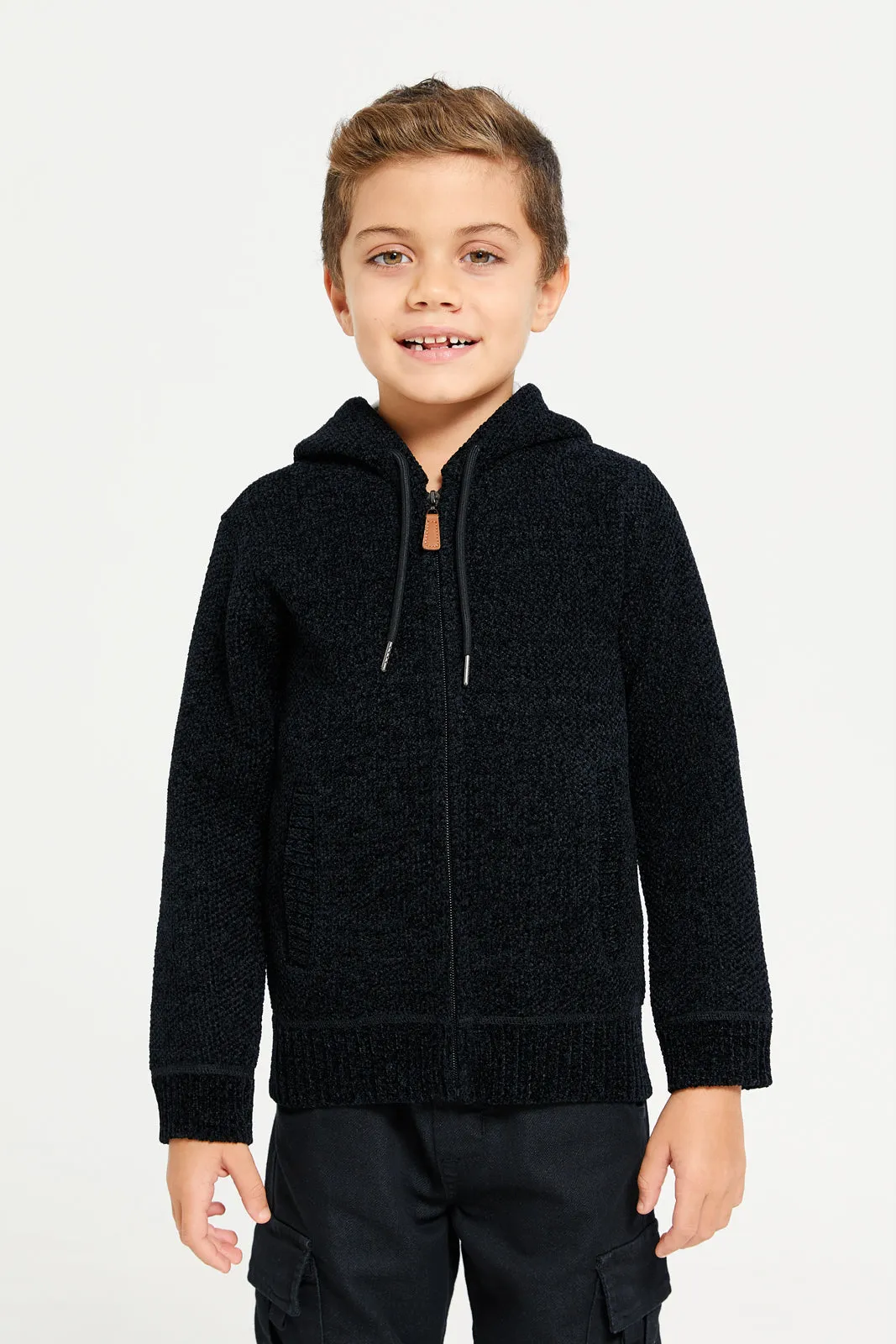 Boys Black Zip Thru Hooded Chenille Cardigan sold by Redtag