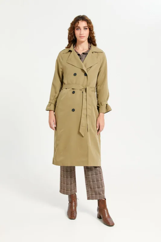 Women Beige Plain Belted Trench Coat sold by Redtag