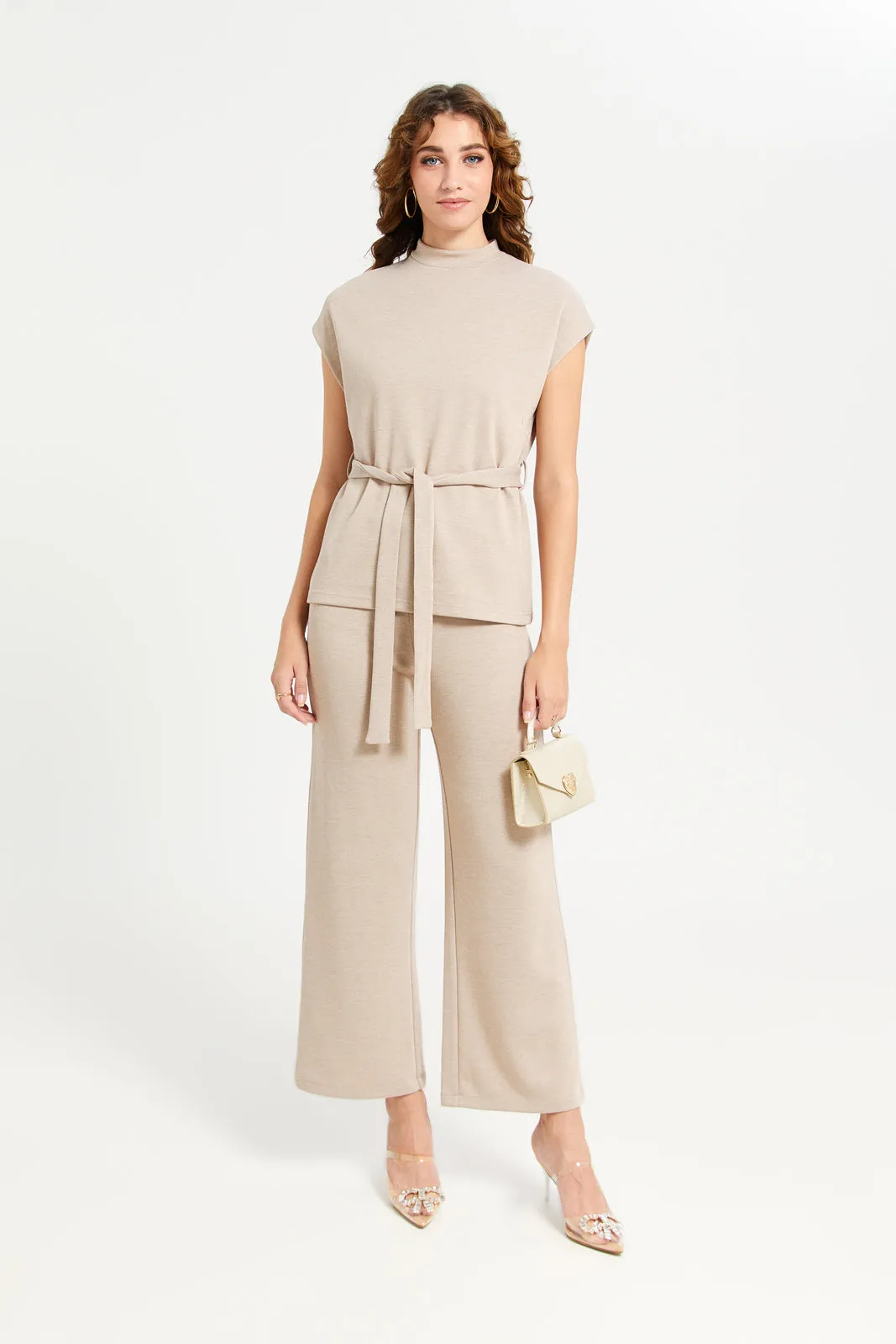 Women Beige Plain Knit Co-Ord Trouser sold by Redtag product image thumbnail 2