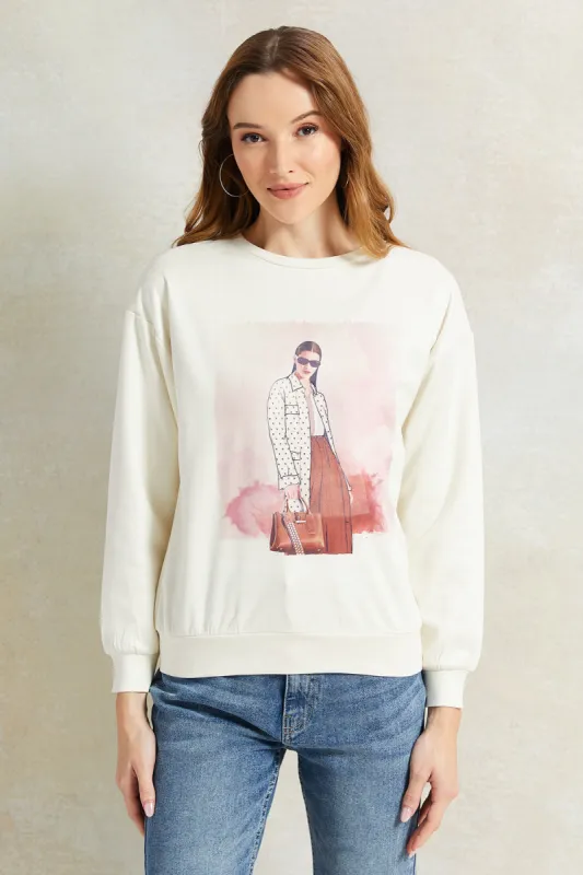 Women Cream Printed Sweatshirt sold by Redtag