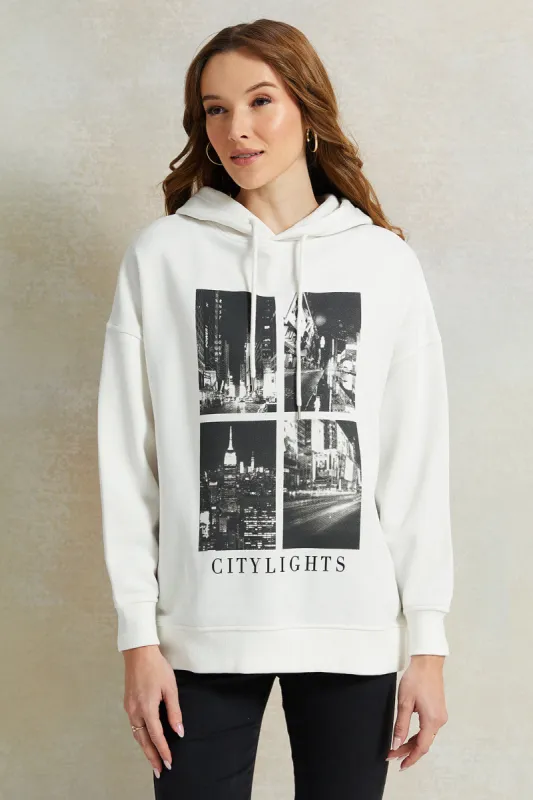 Women Ivory Printed Hooded Sweatshirt sold by Redtag