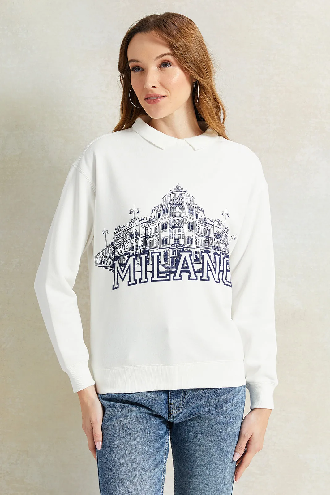 Women Ivory Collared Printed Sweatshirt sold by Redtag