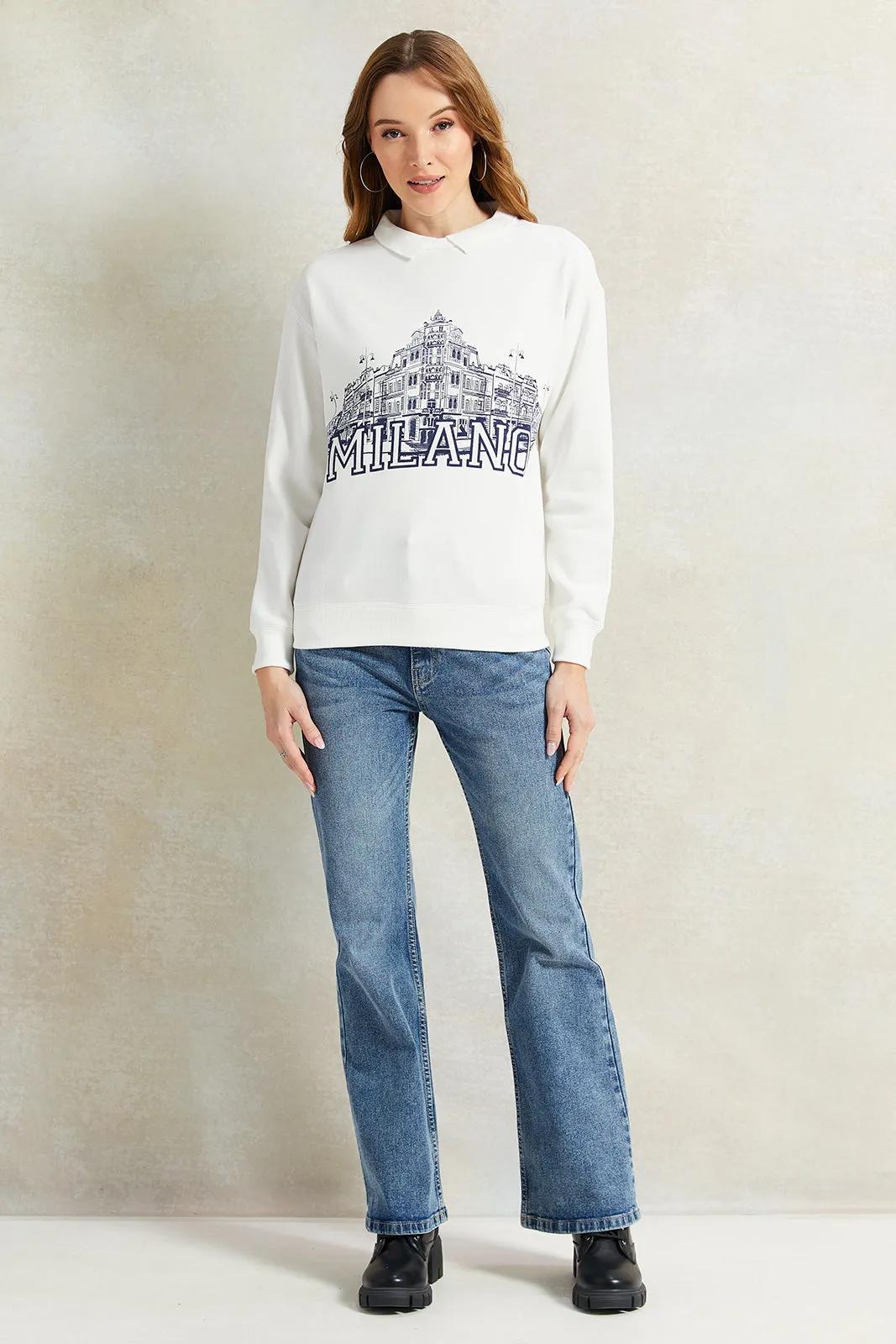 Women Ivory Collared Printed Sweatshirt sold by Redtag product image thumbnail 2