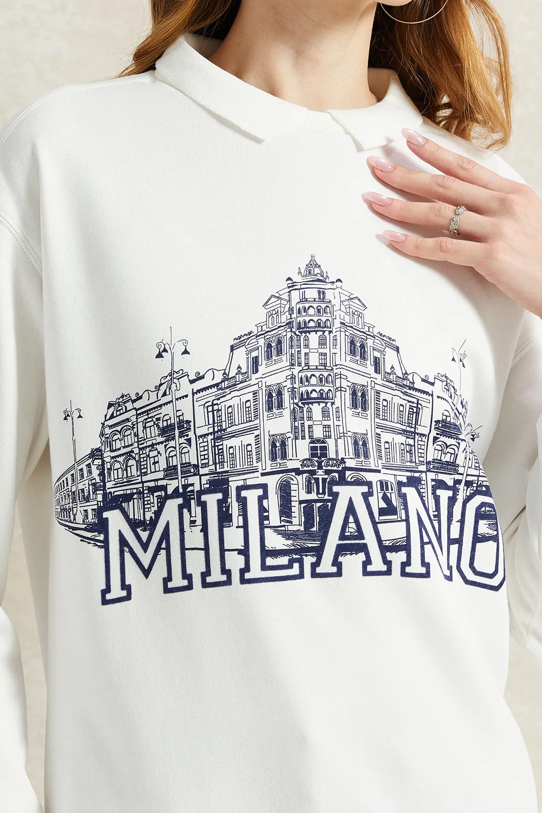 Women Ivory Collared Printed Sweatshirt sold by Redtag product image thumbnail 4