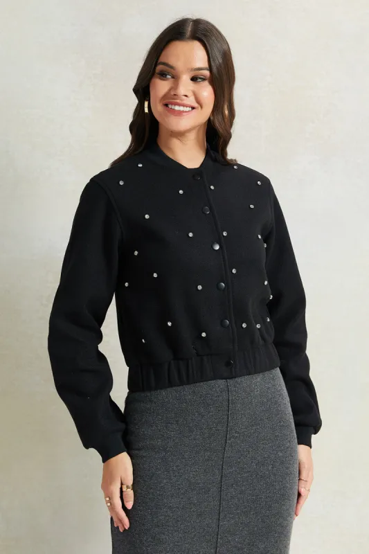 Women Black Studded Bomber Jacket sold by Redtag