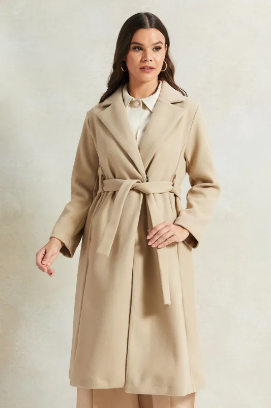 Women Beige Long Melton Jacket sold by Redtag