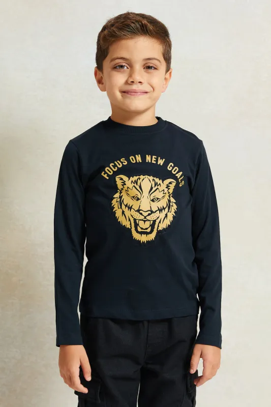 Boys Black Lion Print Long Sleeve T-Shirt sold by Redtag