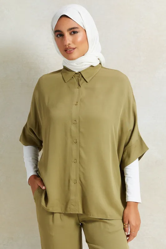 Women Olive Front Button Blouse sold by Redtag