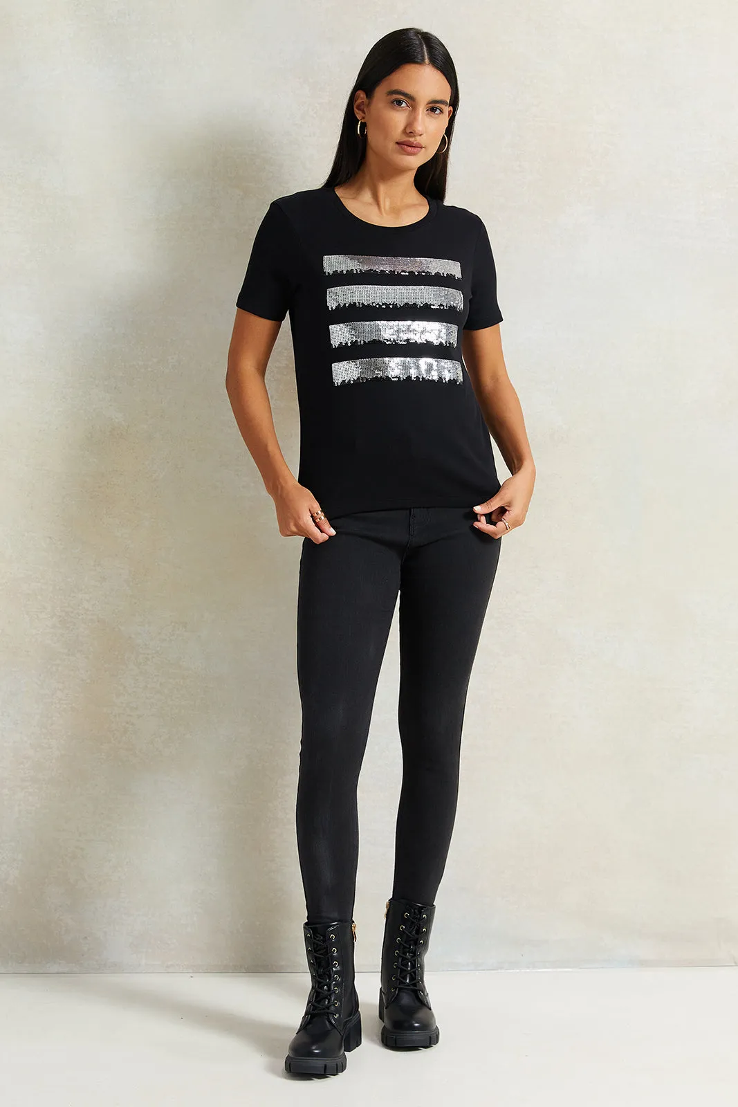 Women Black Sequence T-Shirt sold by Redtag product image thumbnail 2