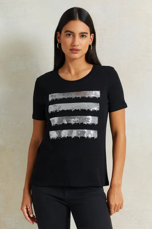 Women Black Sequence T-Shirt sold by Redtag