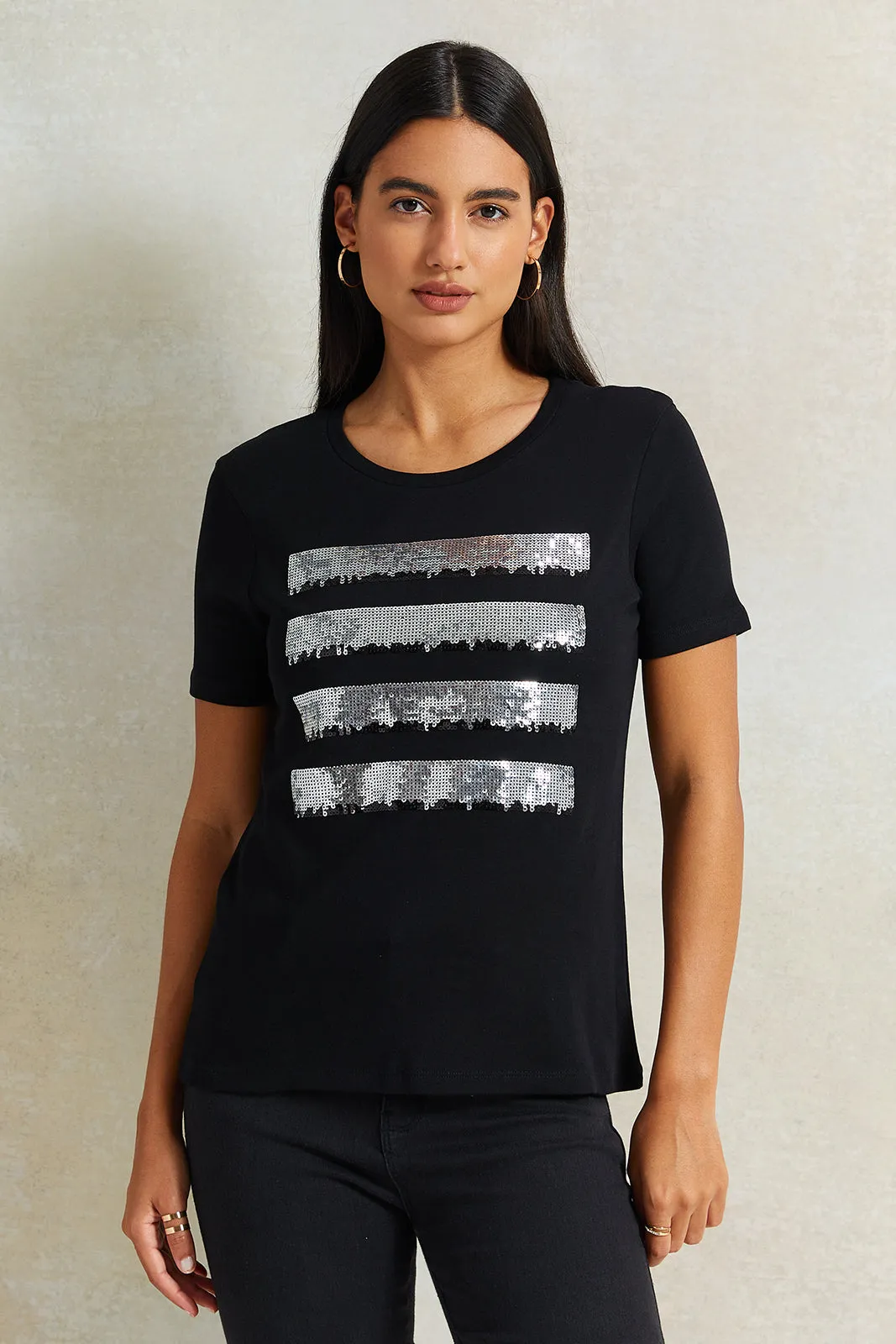 Women Black Sequence T-Shirt sold by Redtag