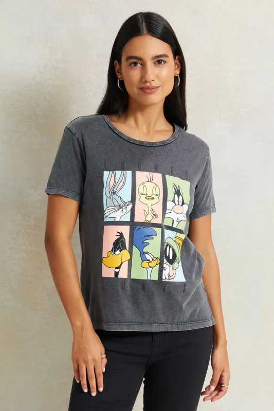 Women Charcoal Looney Tunes Printed T-Shirt sold by Redtag