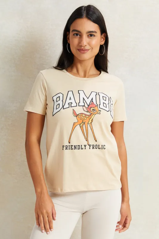 Women Beige Bambi Printed T-Shirt sold by Redtag