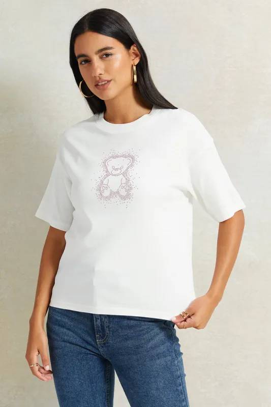 Women Ivory Embellished Boxy T-Shirt sold by Redtag