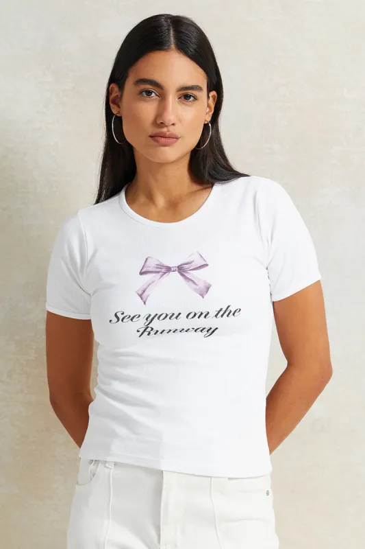 Women Ivory Printed Rib T-Shirt sold by Redtag
