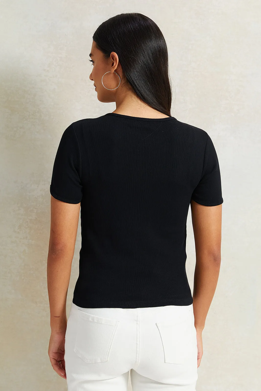 Women Black Embellished Rib T-Shirt sold by Redtag product image thumbnail 3