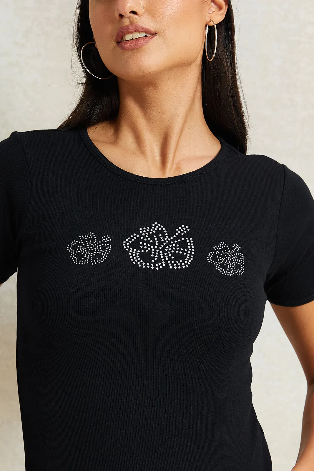 Women Black Embellished Rib T-Shirt sold by Redtag product image thumbnail 4