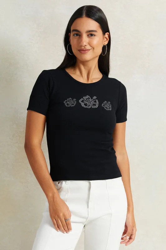 Women Black Embellished Rib T-Shirt sold by Redtag