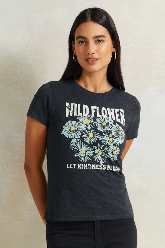 Women Charcoal Floral Printed T-Shirt sold by Redtag