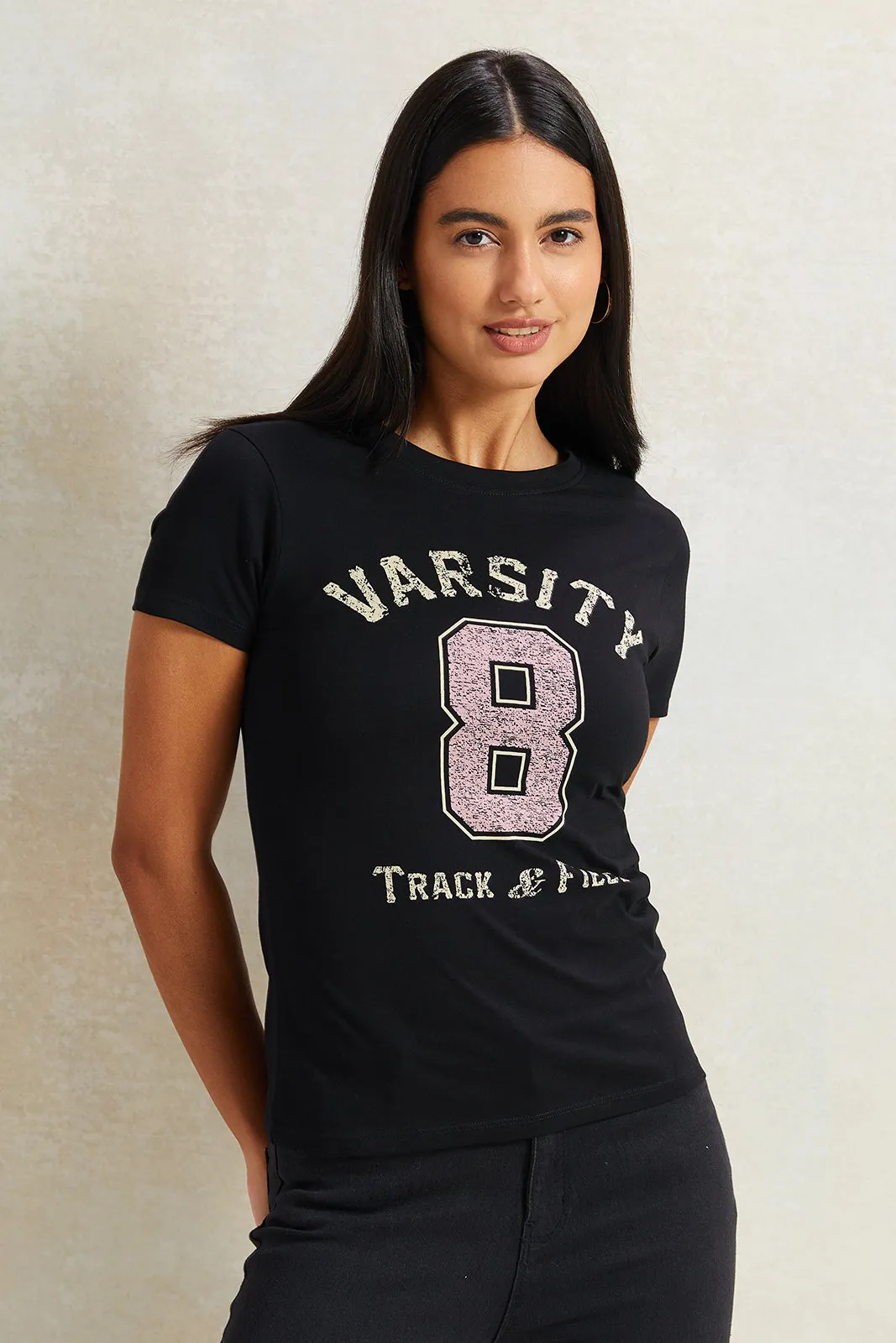 Women Black Varsity Printed T-Shirt sold by Redtag