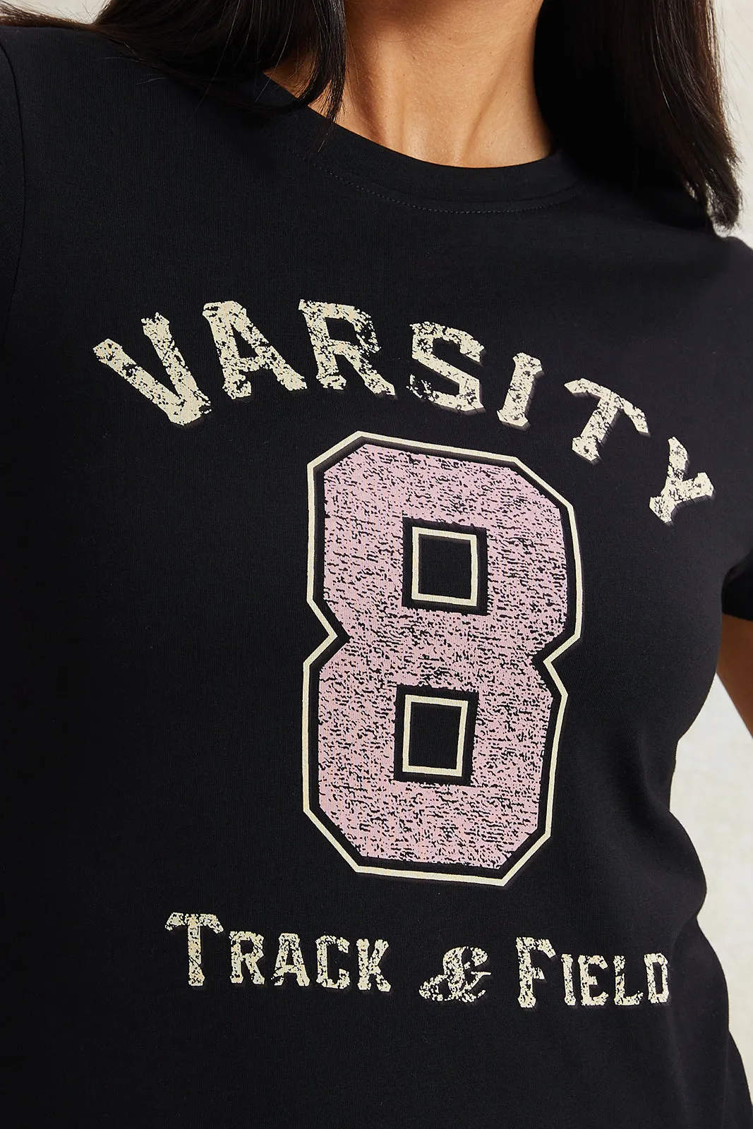 Women Black Varsity Printed T-Shirt sold by Redtag product image thumbnail 4