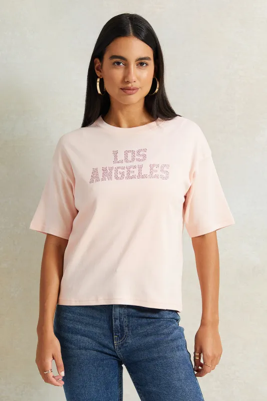 Women Pink Embellished Boxy T-Shirt sold by Redtag