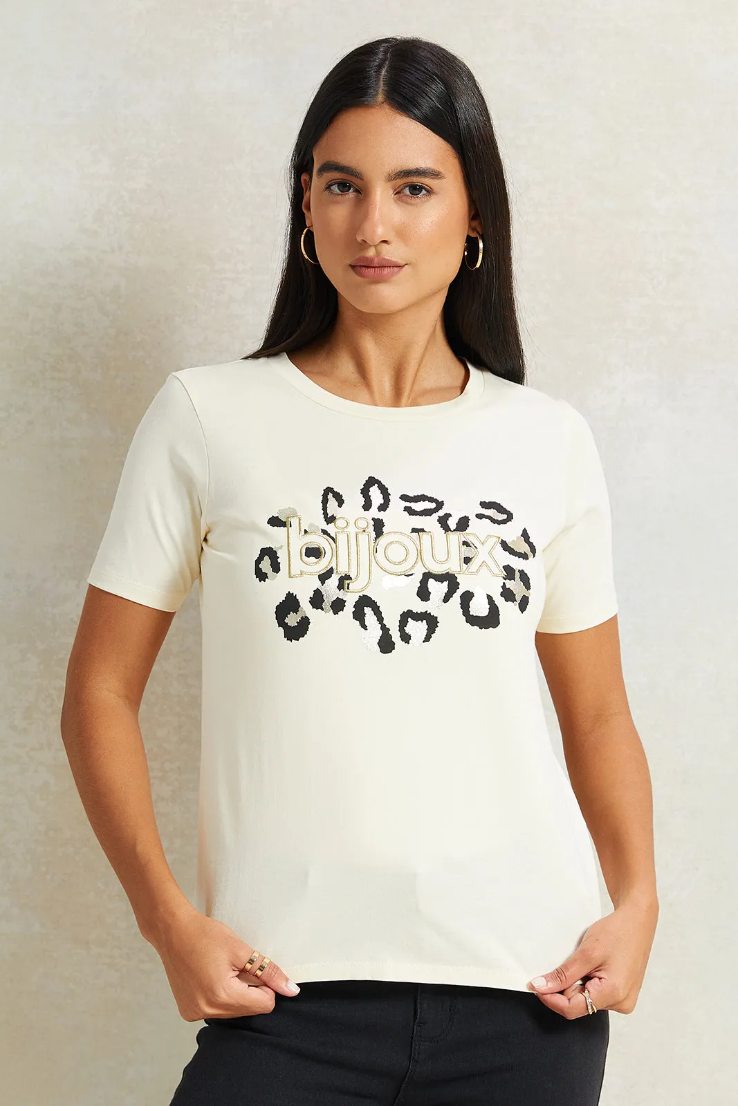 Women Beige Embellished T-Shirt sold by Redtag