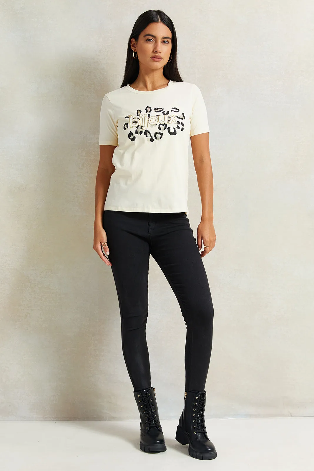 Women Beige Embellished T-Shirt sold by Redtag product image thumbnail 2