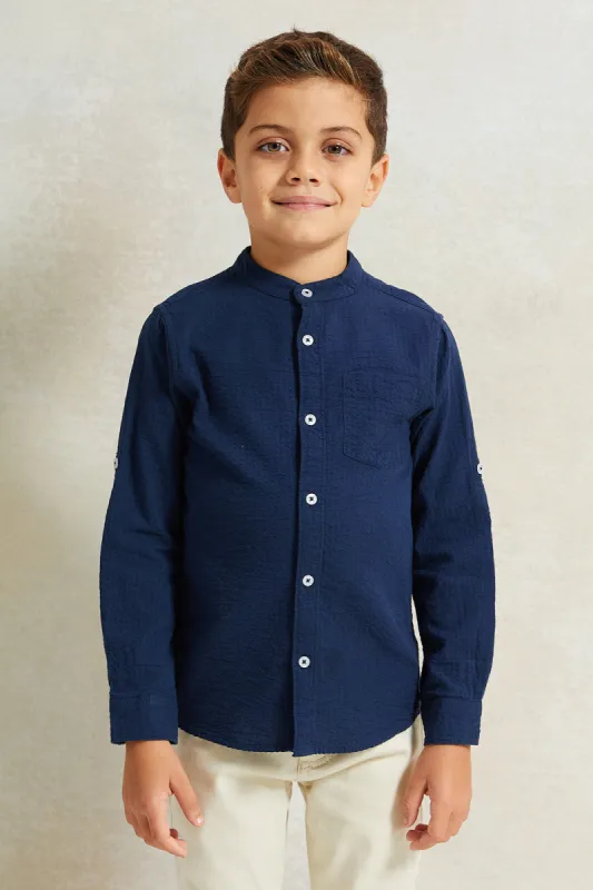 Boys Navy Mandarin Collar Shirt sold by Redtag
