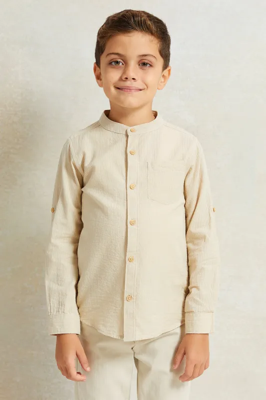 Boys Beige Mandarin Collar Shirt sold by Redtag