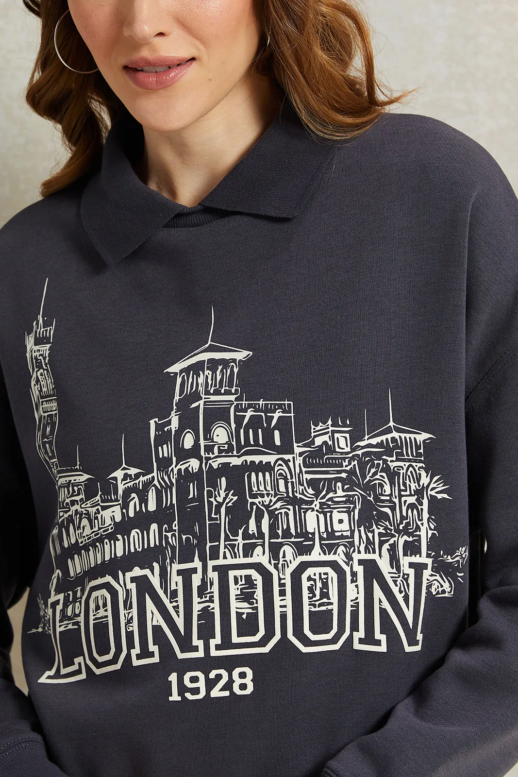 Women Charcoal Collared Printed Sweatshirt sold by Redtag product image thumbnail 4