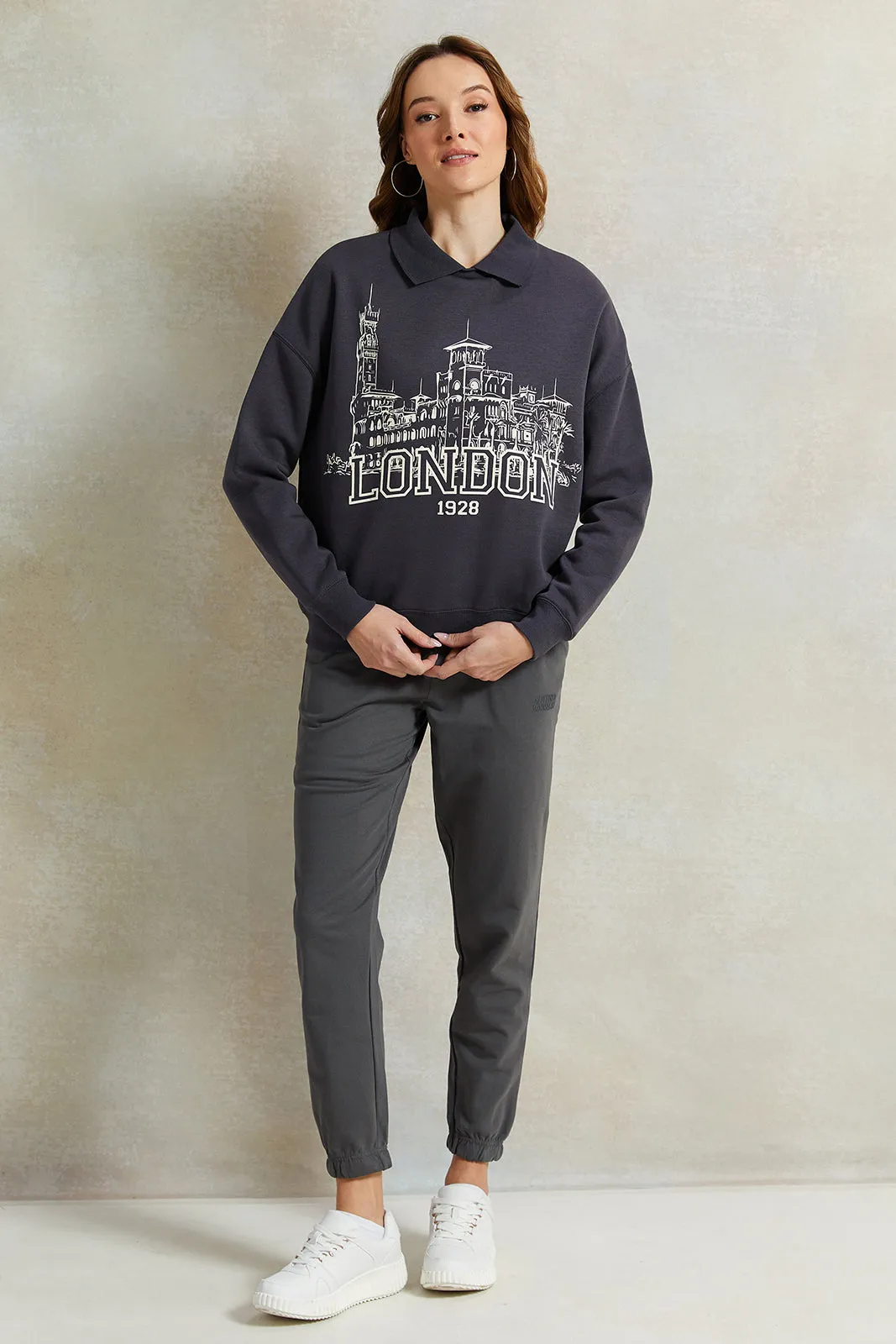 Women Charcoal Collared Printed Sweatshirt sold by Redtag product image thumbnail 2