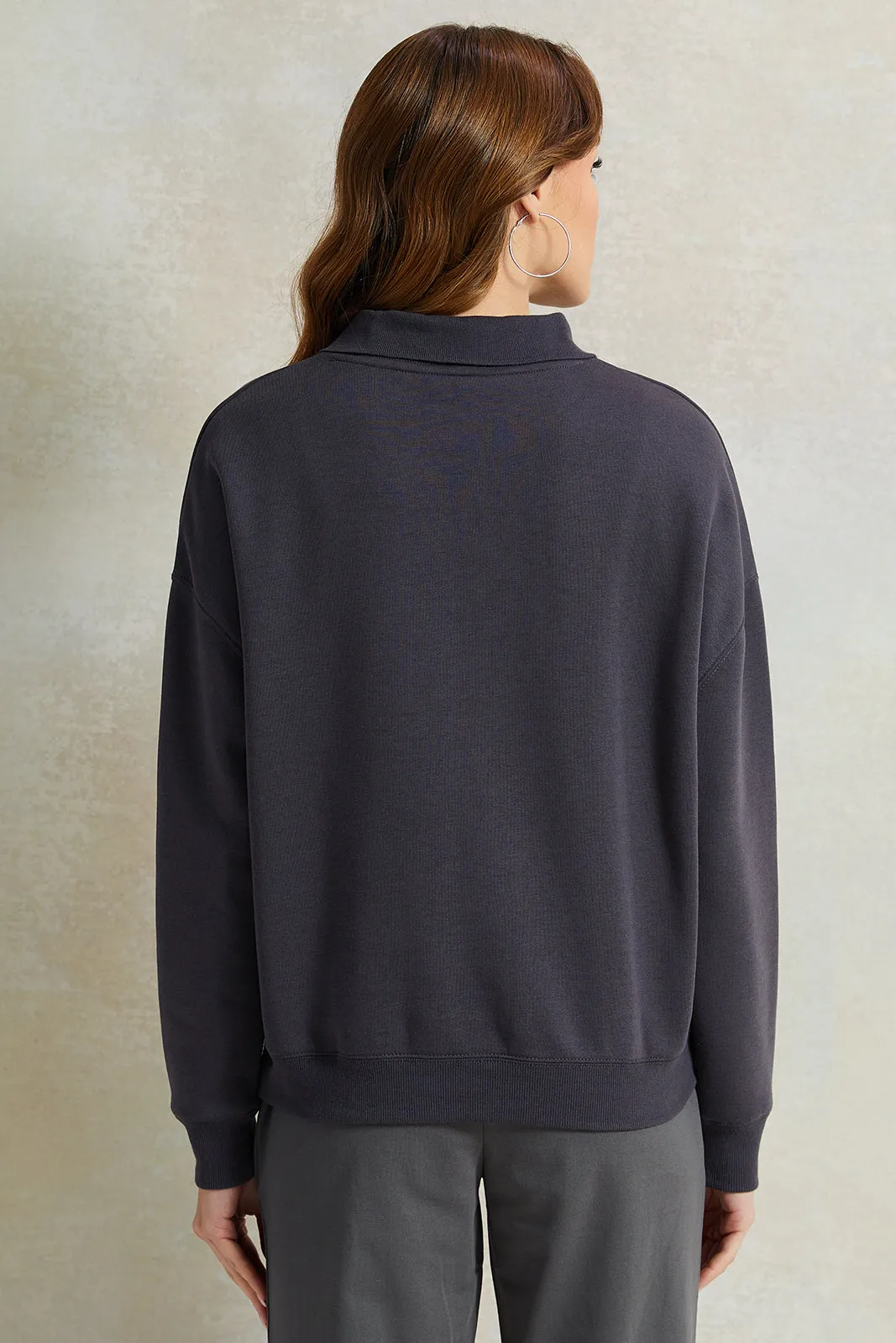 Women Charcoal Collared Printed Sweatshirt sold by Redtag product image thumbnail 3