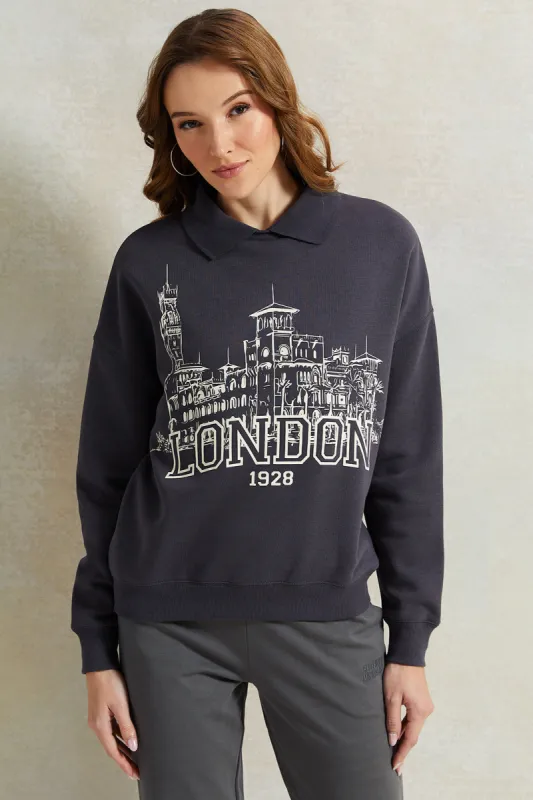 Women Charcoal Collared Printed Sweatshirt sold by Redtag