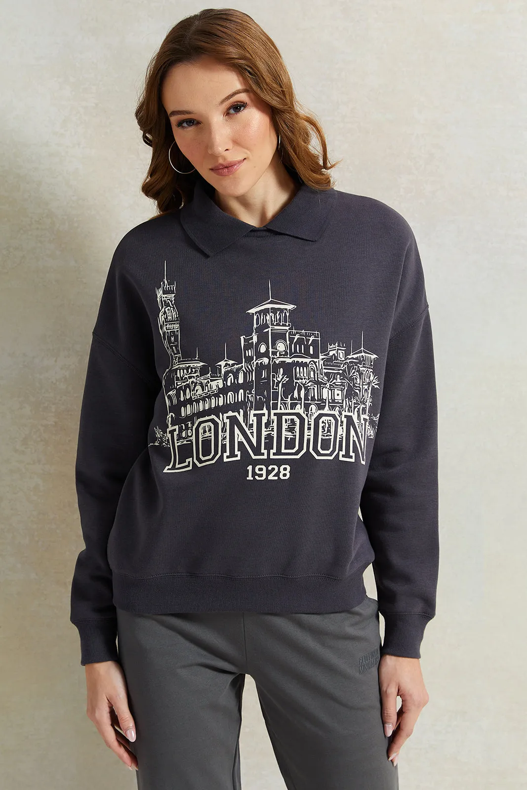 Women Charcoal Collared Printed Sweatshirt sold by Redtag