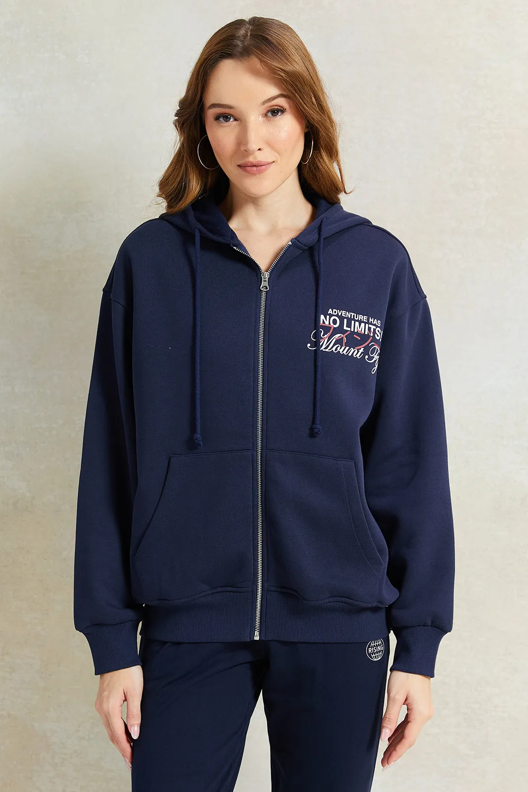 Women Navy Printed Hooded Sweatshirt sold by Redtag