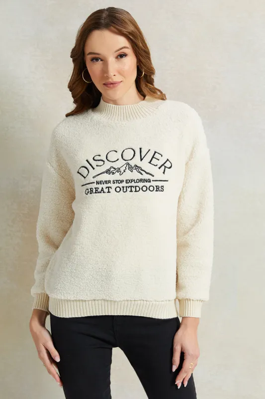 Women Cream Fleece Embroidered Sweatshirt sold by Redtag