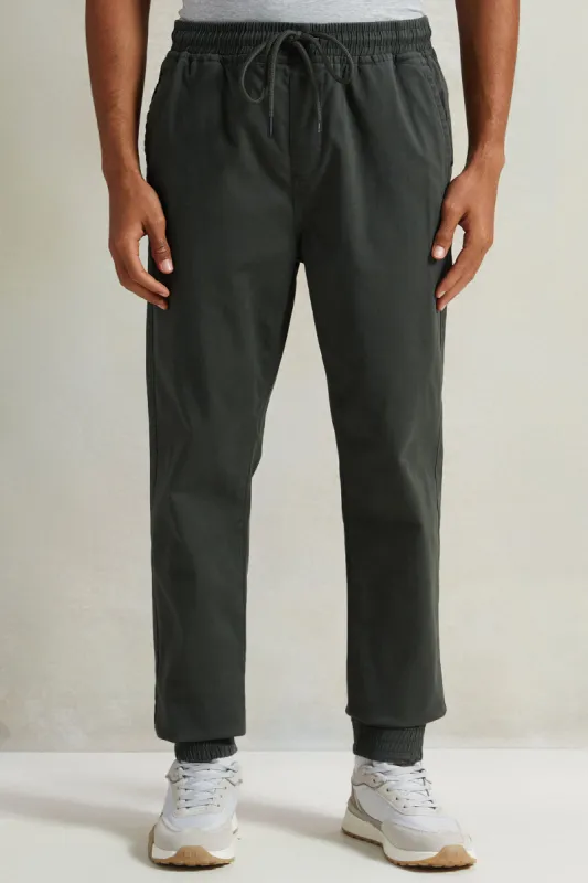 Men Olive Solid Twill Jogger sold by Redtag