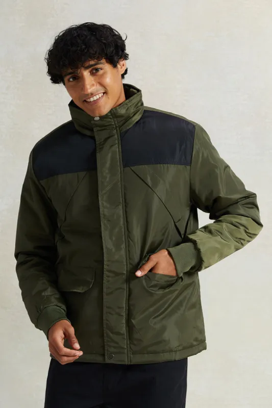 Men Olive High-Neck Jacket sold by Redtag