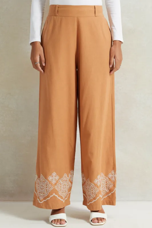 Women Tan Embroidered Wide Leg Trousers sold by Redtag