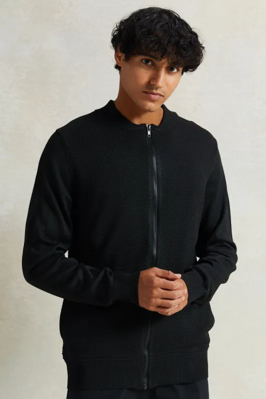 Men Black Solid Zipper Sweater sold by Redtag