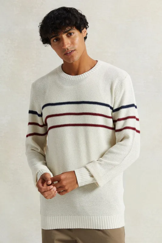 Men White Striped Pullover sold by Redtag