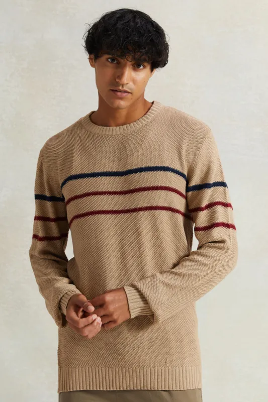 Men Beige Striped Pullover sold by Redtag