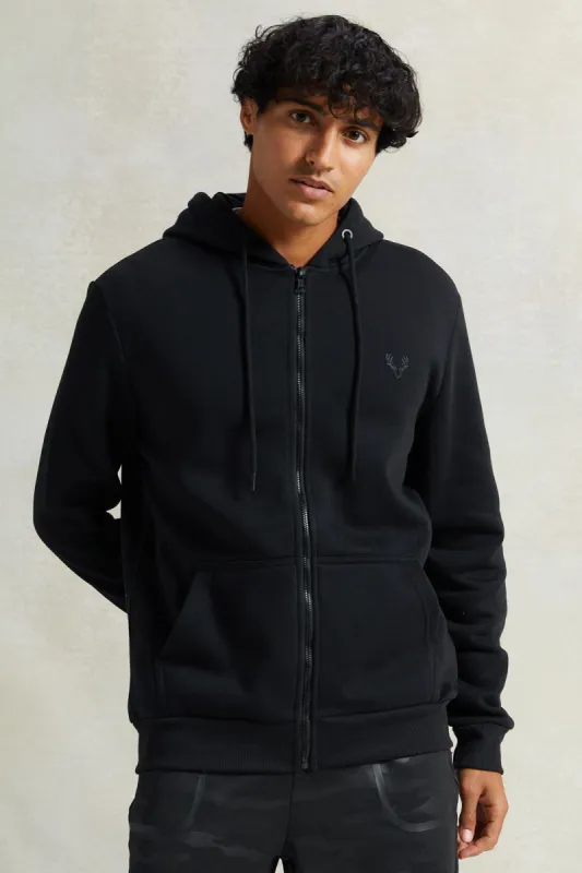 Men Black Zip Through Logo Hooded Sweatshirt sold by Redtag