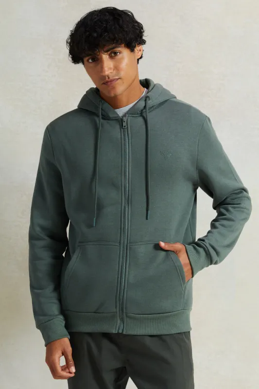 Men Green Zip Through Hooded Sweatshirt sold by Redtag